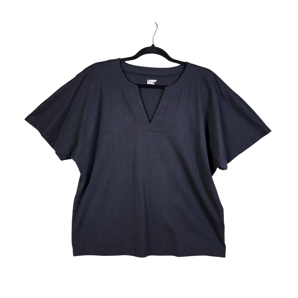 Lands End Womens Black Cotton Split Neck Dolman Sleeve Top Size Large Boxy Fit